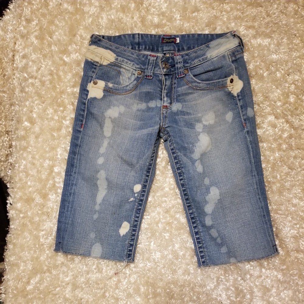 Blue Tatto Jeans Denim Bleach Splatter Cut Off Bermuda Shorts Sz 28